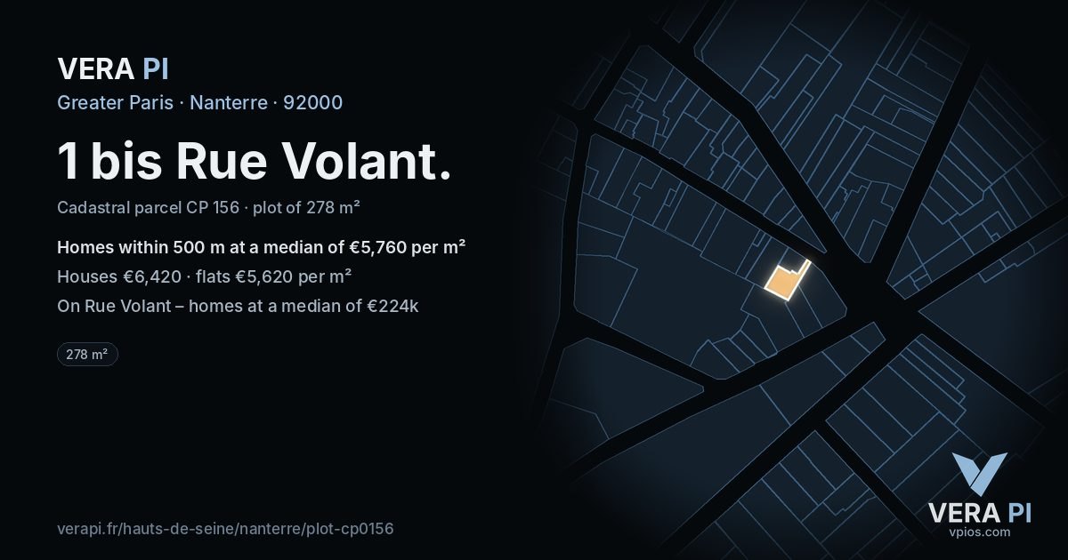 1 bis Rue Volant, Nanterre at night – the plot lit, the parcels around coloured by the prices near them