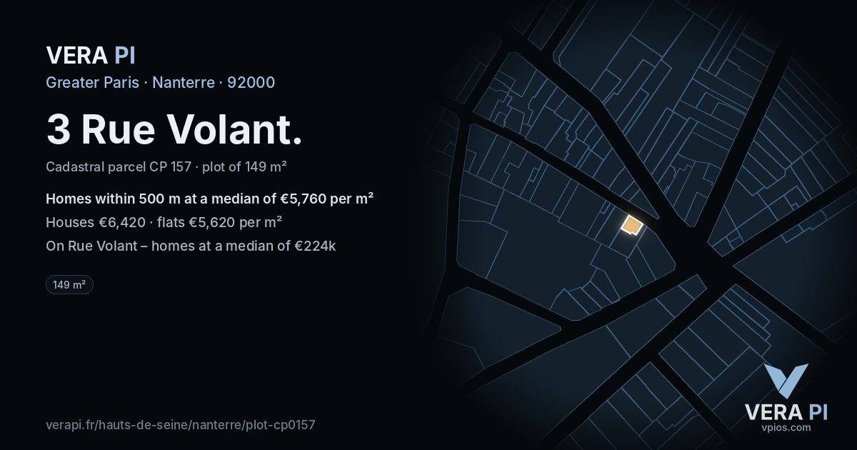 3 Rue Volant, Nanterre at night – the plot lit, the parcels around coloured by the prices near them
