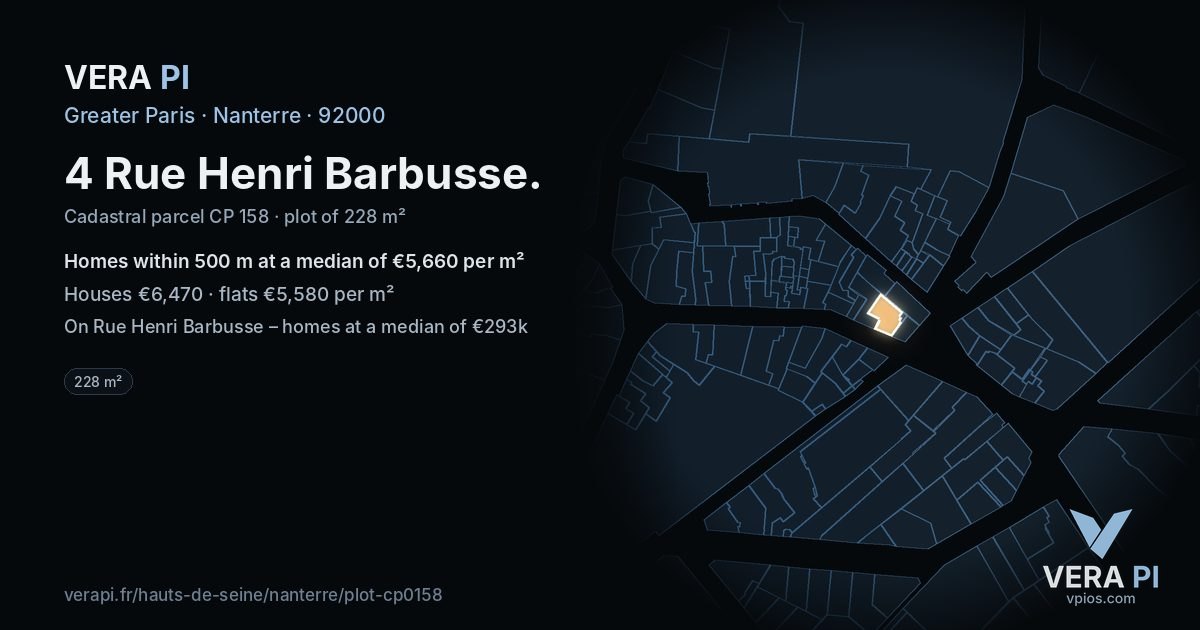 4 Rue Henri Barbusse, Nanterre at night – the plot lit, the parcels around coloured by the prices near them
