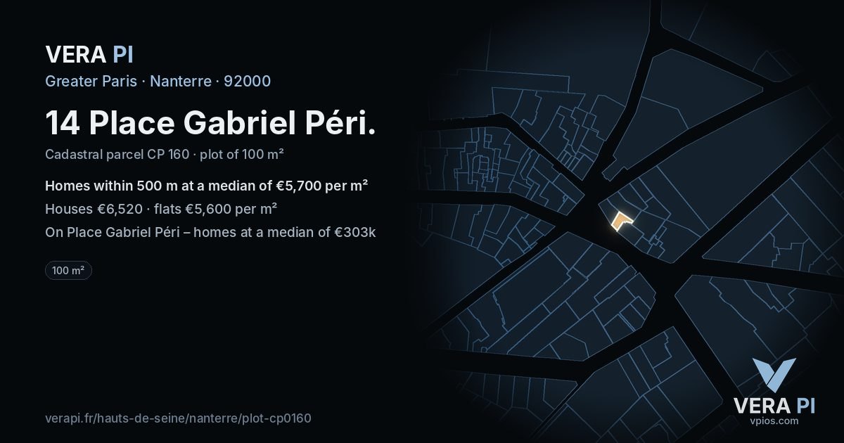 14 Place Gabriel Péri, Nanterre at night – the plot lit, the parcels around coloured by the prices near them