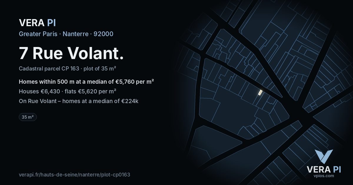 7 Rue Volant, Nanterre at night – the plot lit, the parcels around coloured by the prices near them