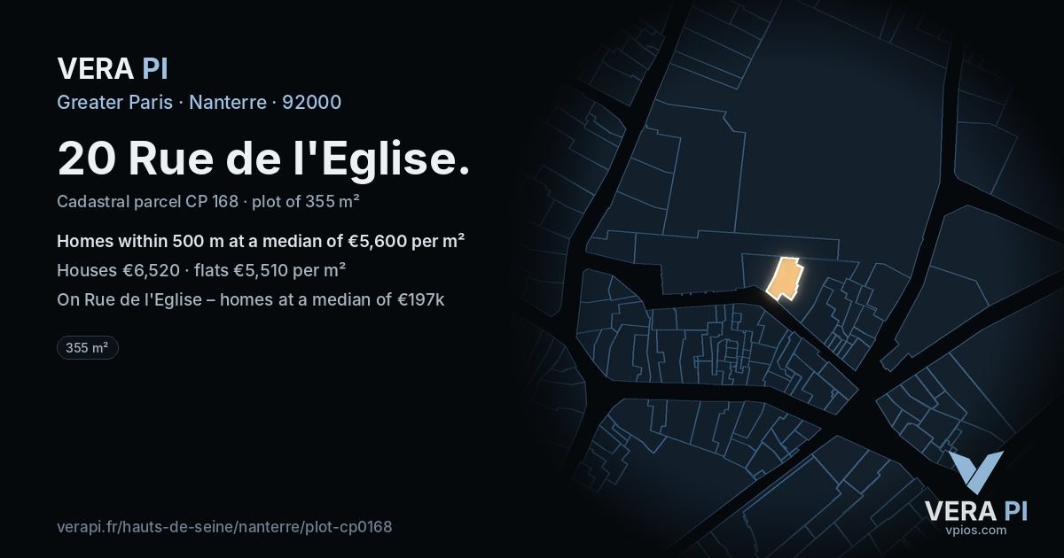 20 Rue de l'Eglise, Nanterre at night – the plot lit, the parcels around coloured by the prices near them