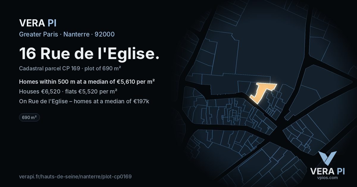 16 Rue de l'Eglise, Nanterre at night – the plot lit, the parcels around coloured by the prices near them