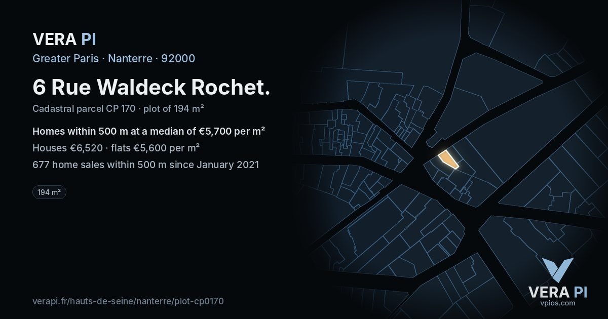 6 Rue Waldeck Rochet, Nanterre at night – the plot lit, the parcels around coloured by the prices near them