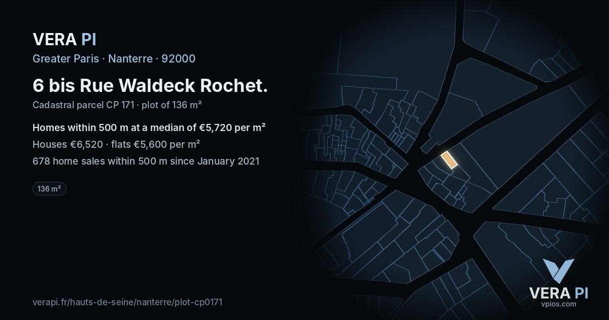 6 bis Rue Waldeck Rochet, Nanterre at night – the plot lit, the parcels around coloured by the prices near them