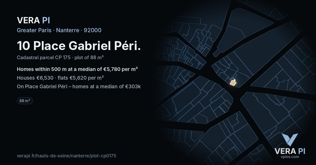 10 Place Gabriel Péri, Nanterre at night – the plot lit, the parcels around coloured by the prices near them
