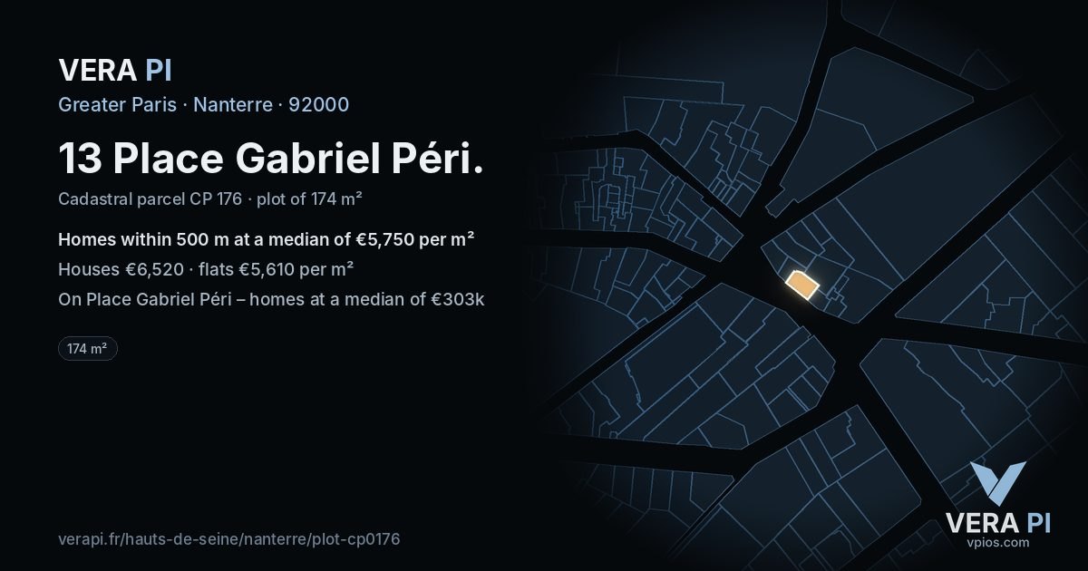 13 Place Gabriel Péri, Nanterre at night – the plot lit, the parcels around coloured by the prices near them
