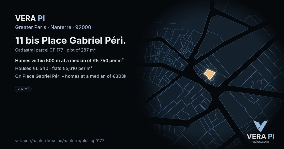 11 bis Place Gabriel Péri, Nanterre at night – the plot lit, the parcels around coloured by the prices near them