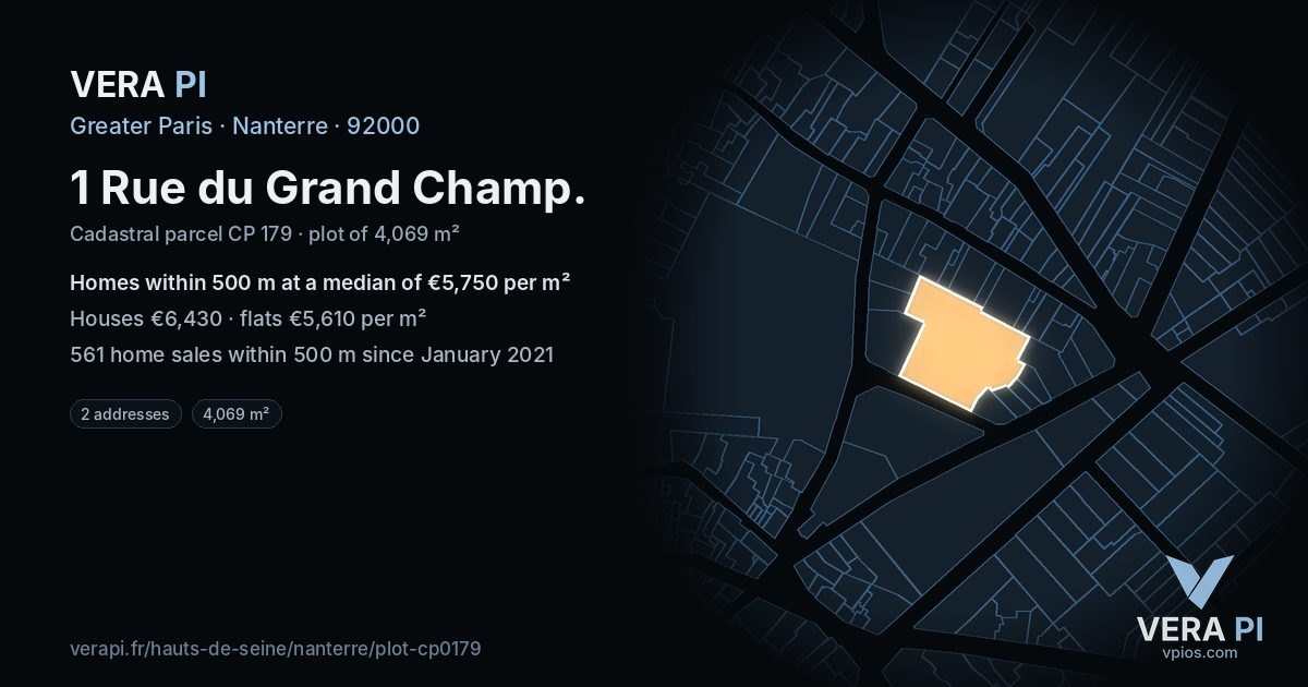 1 Rue du Grand Champ, Nanterre at night – the plot lit, the parcels around coloured by the prices near them
