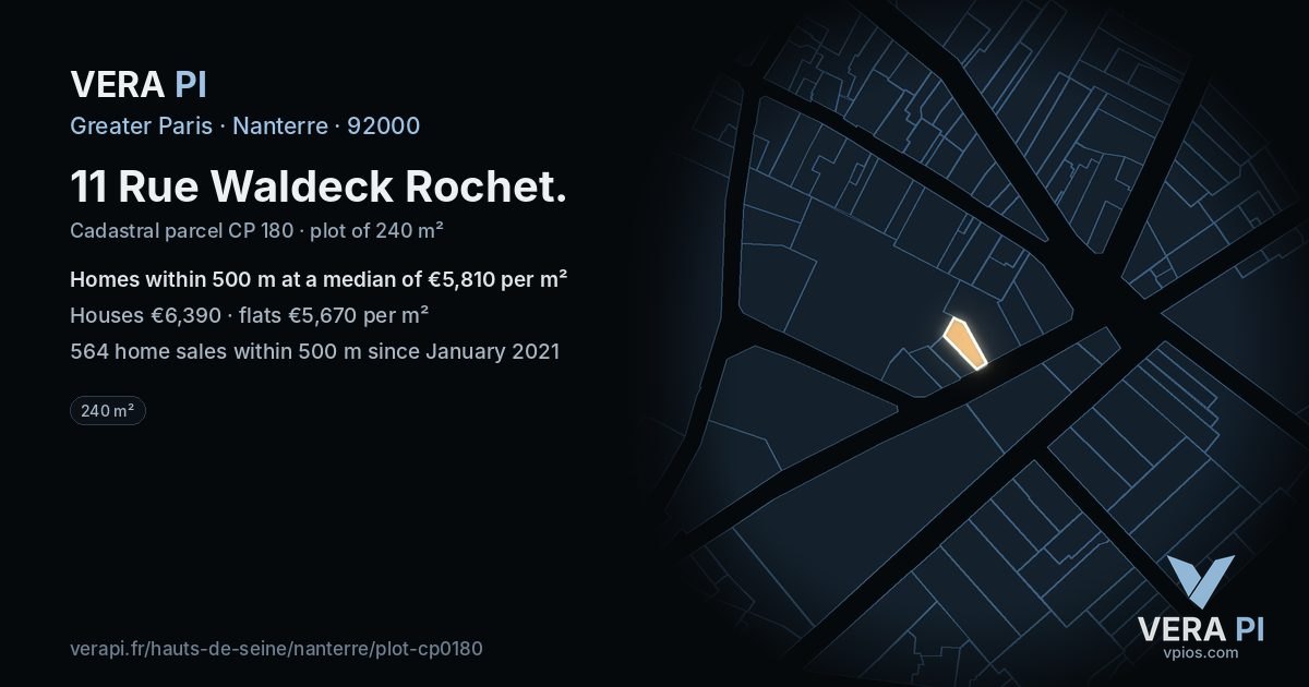 11 Rue Waldeck Rochet, Nanterre at night – the plot lit, the parcels around coloured by the prices near them