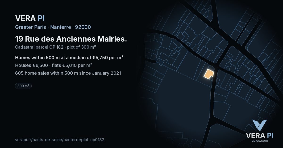 19 Rue des Anciennes Mairies, Nanterre at night – the plot lit, the parcels around coloured by the prices near them
