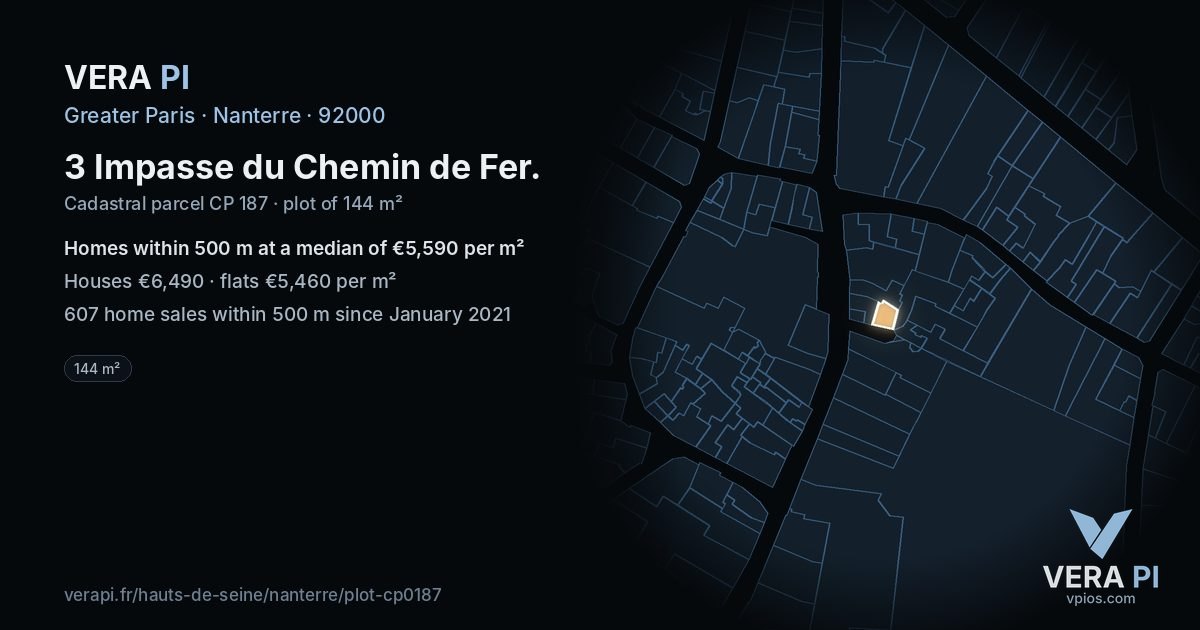 3 Impasse du Chemin de Fer, Nanterre at night – the plot lit, the parcels around coloured by the prices near them