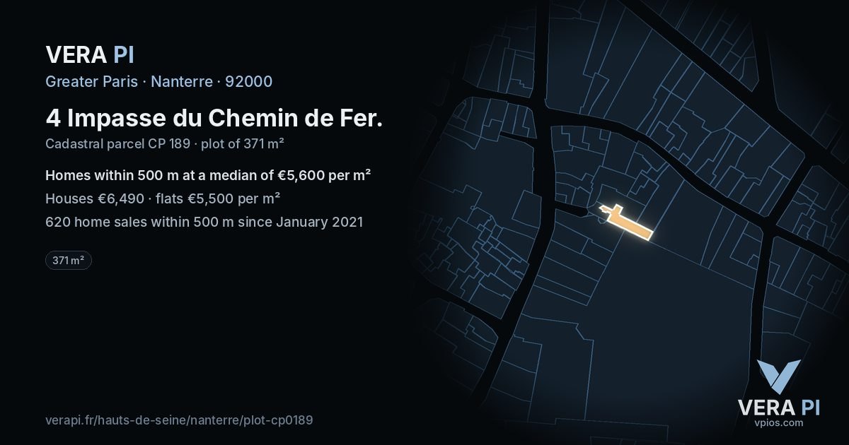 4 Impasse du Chemin de Fer, Nanterre at night – the plot lit, the parcels around coloured by the prices near them