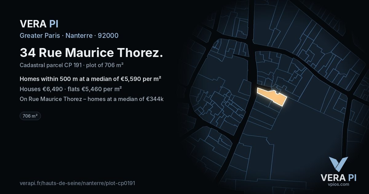 34 Rue Maurice Thorez, Nanterre at night – the plot lit, the parcels around coloured by the prices near them