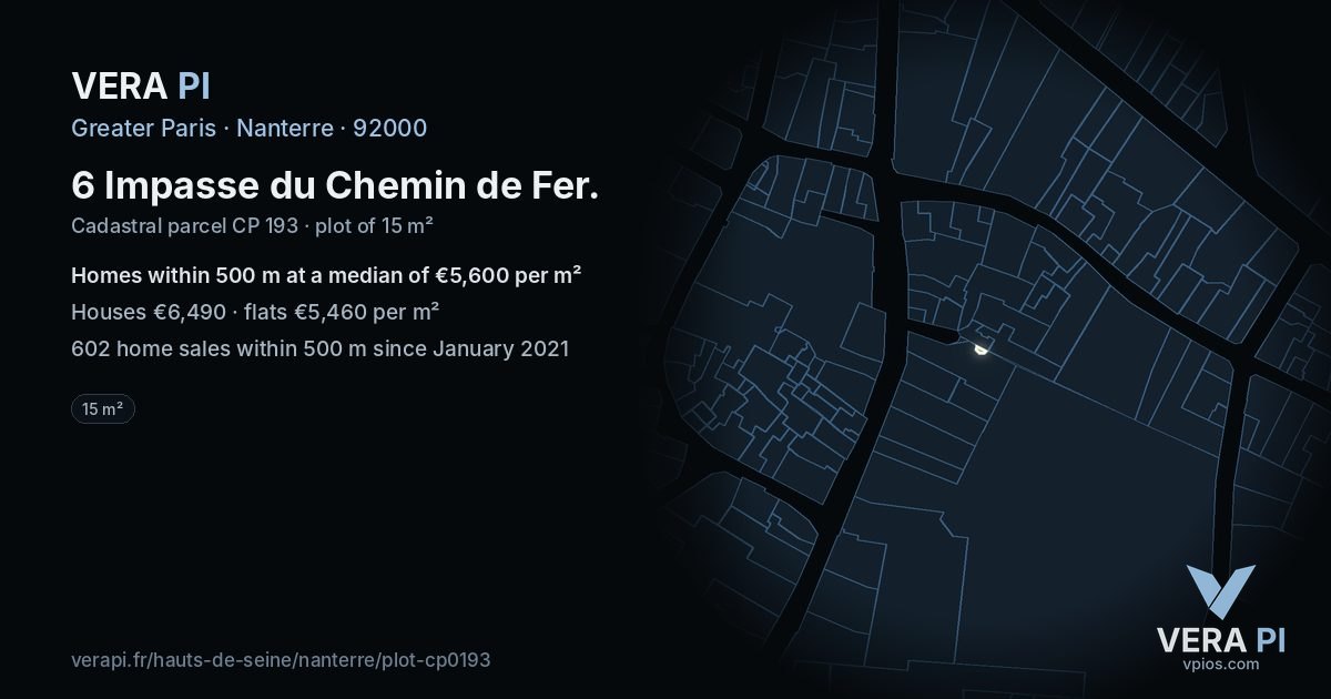 6 Impasse du Chemin de Fer, Nanterre at night – the plot lit, the parcels around coloured by the prices near them
