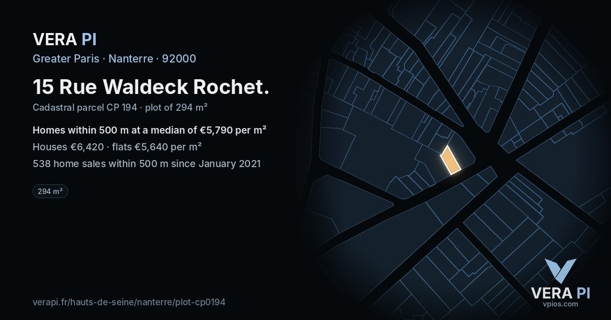 15 Rue Waldeck Rochet, Nanterre at night – the plot lit, the parcels around coloured by the prices near them
