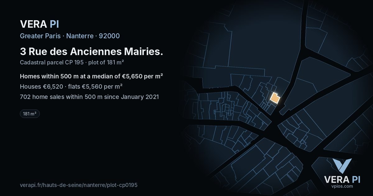 3 Rue des Anciennes Mairies, Nanterre at night – the plot lit, the parcels around coloured by the prices near them