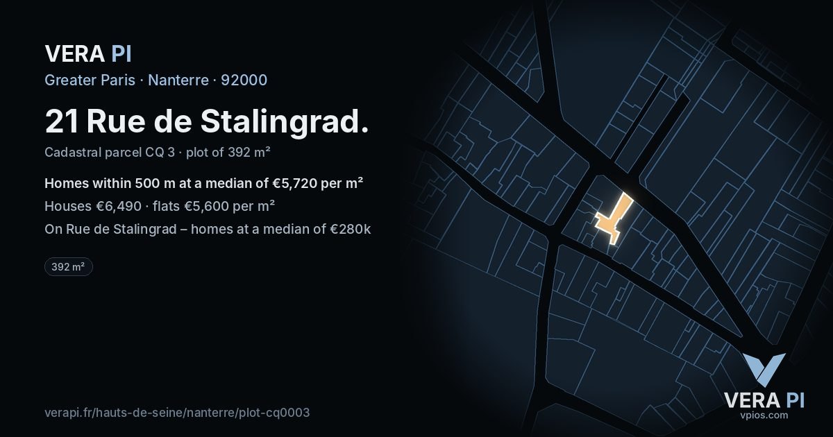 21 Rue de Stalingrad, Nanterre at night – the plot lit, the parcels around coloured by the prices near them