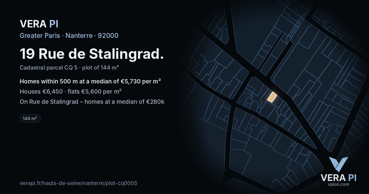 19 Rue de Stalingrad, Nanterre at night – the plot lit, the parcels around coloured by the prices near them