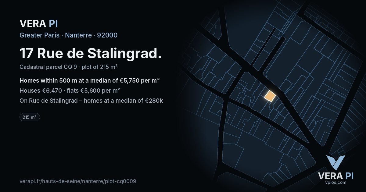17 Rue de Stalingrad, Nanterre at night – the plot lit, the parcels around coloured by the prices near them