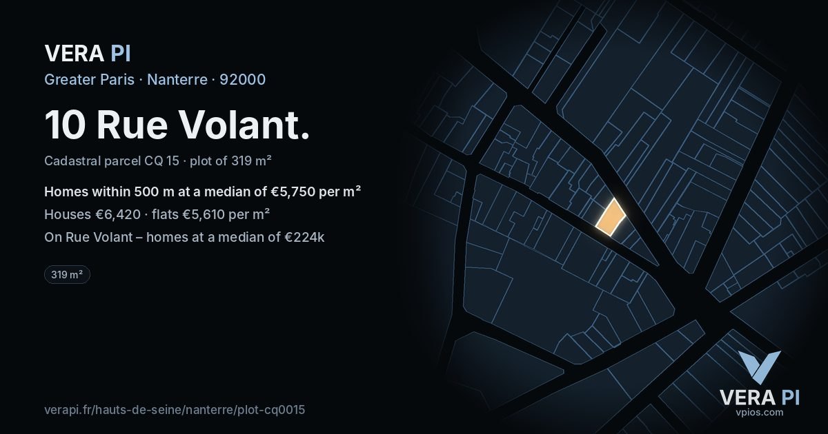 10 Rue Volant, Nanterre at night – the plot lit, the parcels around coloured by the prices near them