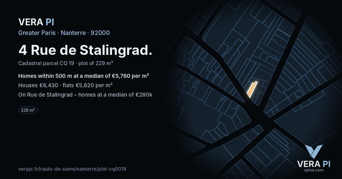 4 Rue de Stalingrad, Nanterre at night – the plot lit, the parcels around coloured by the prices near them