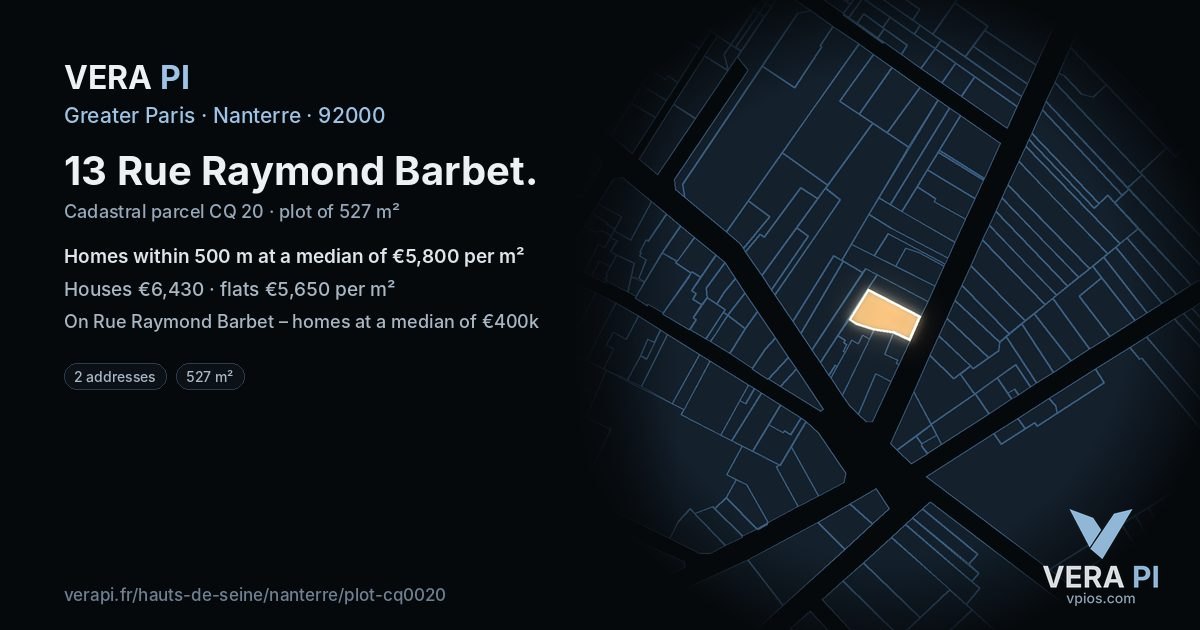 13 Rue Raymond Barbet, Nanterre at night – the plot lit, the parcels around coloured by the prices near them