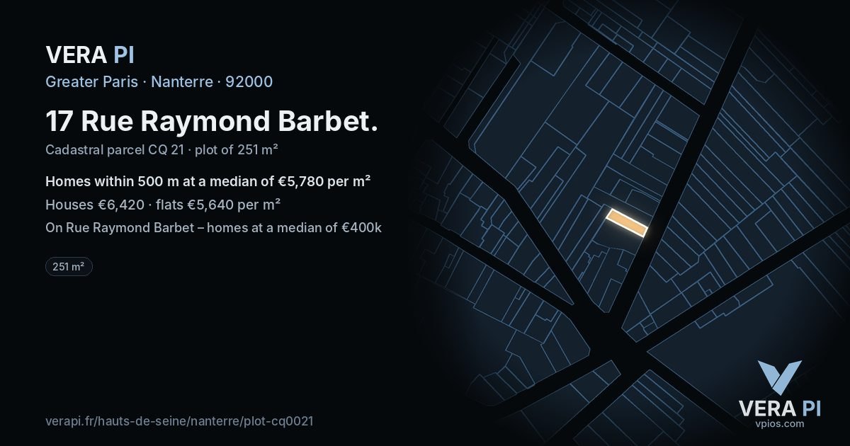 17 Rue Raymond Barbet, Nanterre at night – the plot lit, the parcels around coloured by the prices near them
