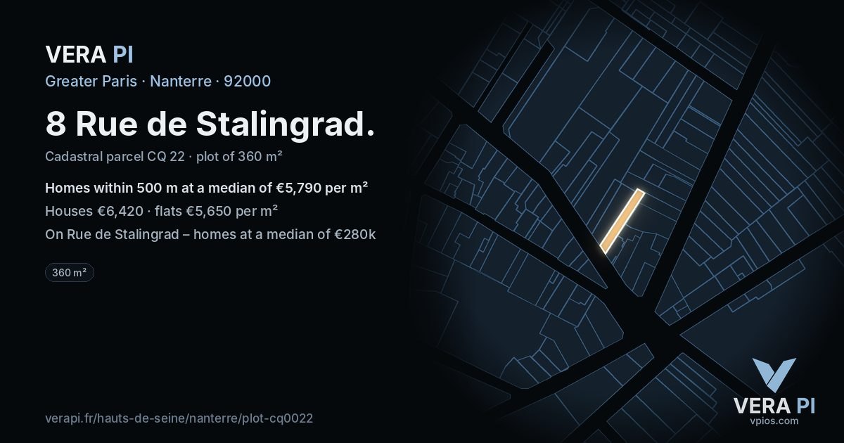 8 Rue de Stalingrad, Nanterre at night – the plot lit, the parcels around coloured by the prices near them