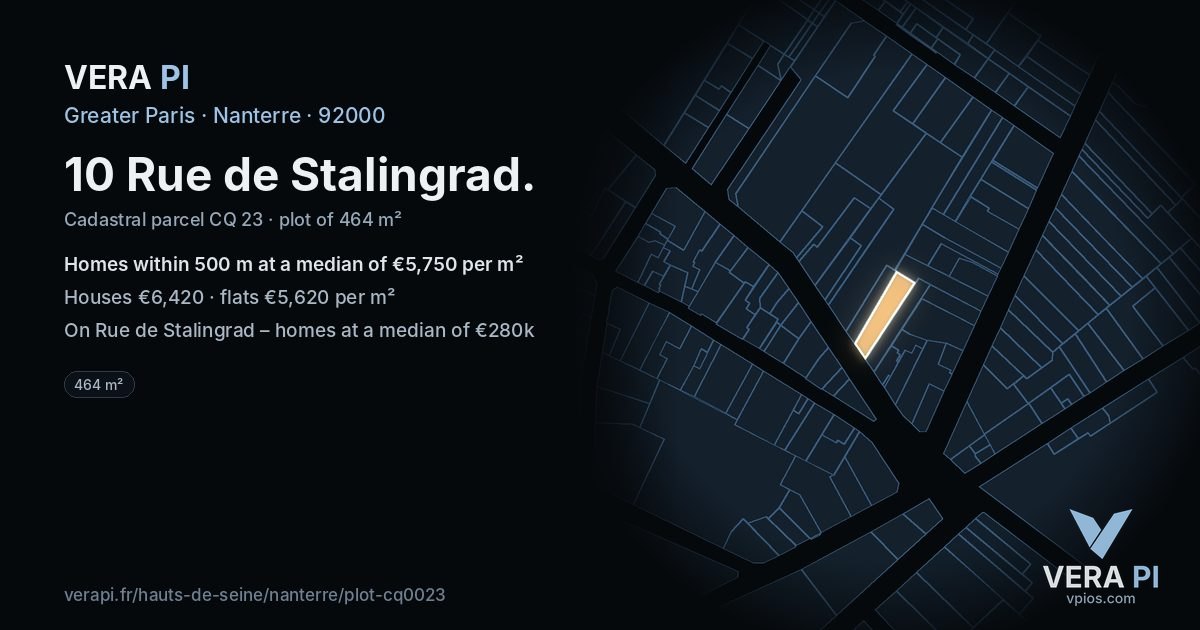 10 Rue de Stalingrad, Nanterre at night – the plot lit, the parcels around coloured by the prices near them
