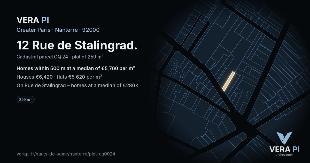 12 Rue de Stalingrad, Nanterre at night – the plot lit, the parcels around coloured by the prices near them