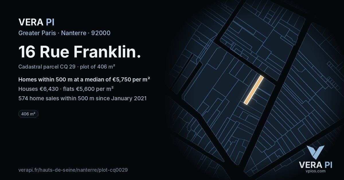 16 Rue Franklin, Nanterre at night – the plot lit, the parcels around coloured by the prices near them