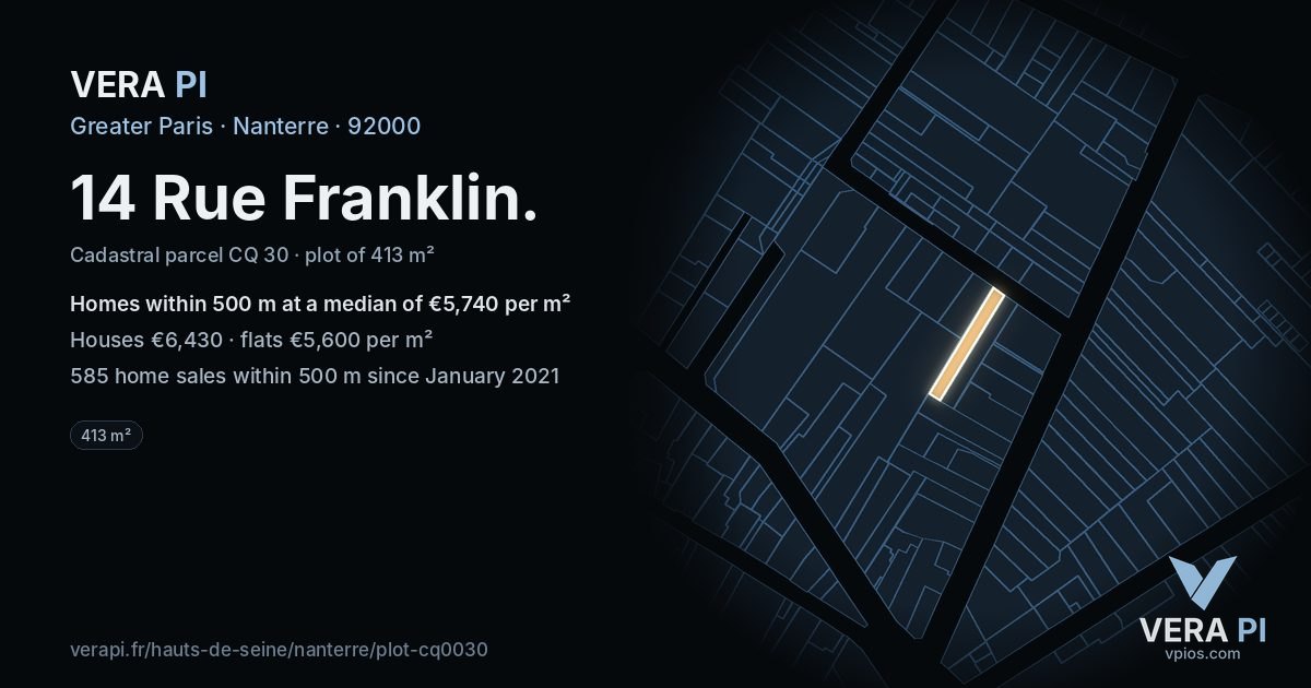 14 Rue Franklin, Nanterre at night – the plot lit, the parcels around coloured by the prices near them