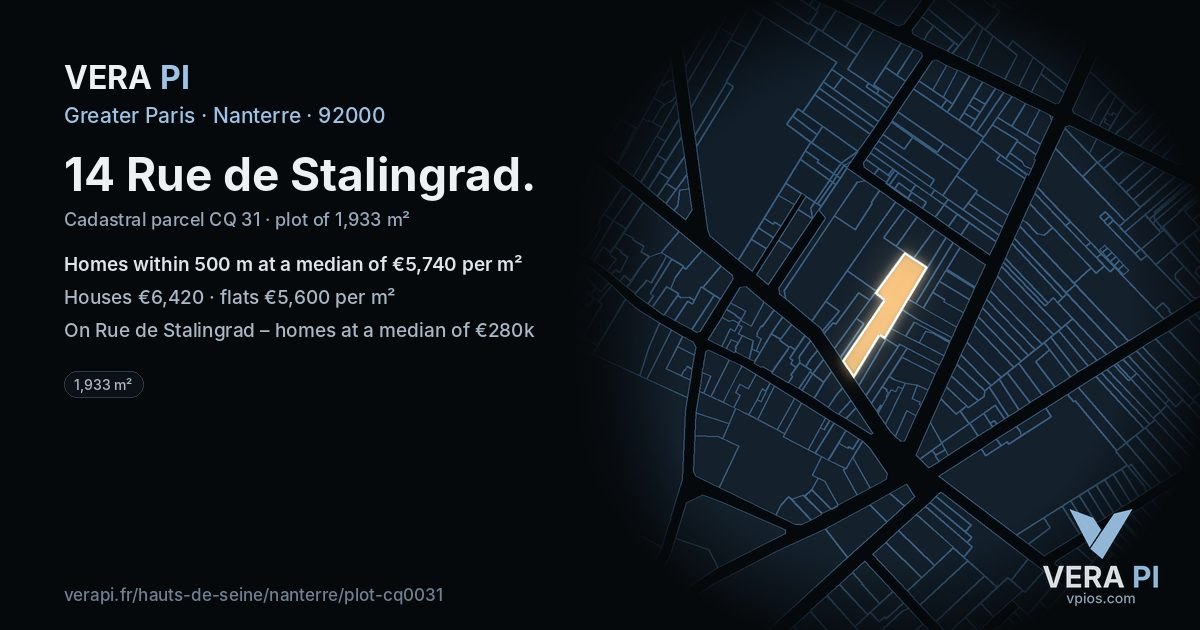 14 Rue de Stalingrad, Nanterre at night – the plot lit, the parcels around coloured by the prices near them