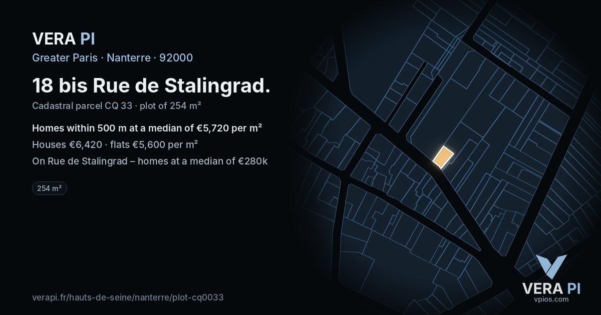 18 bis Rue de Stalingrad, Nanterre at night – the plot lit, the parcels around coloured by the prices near them