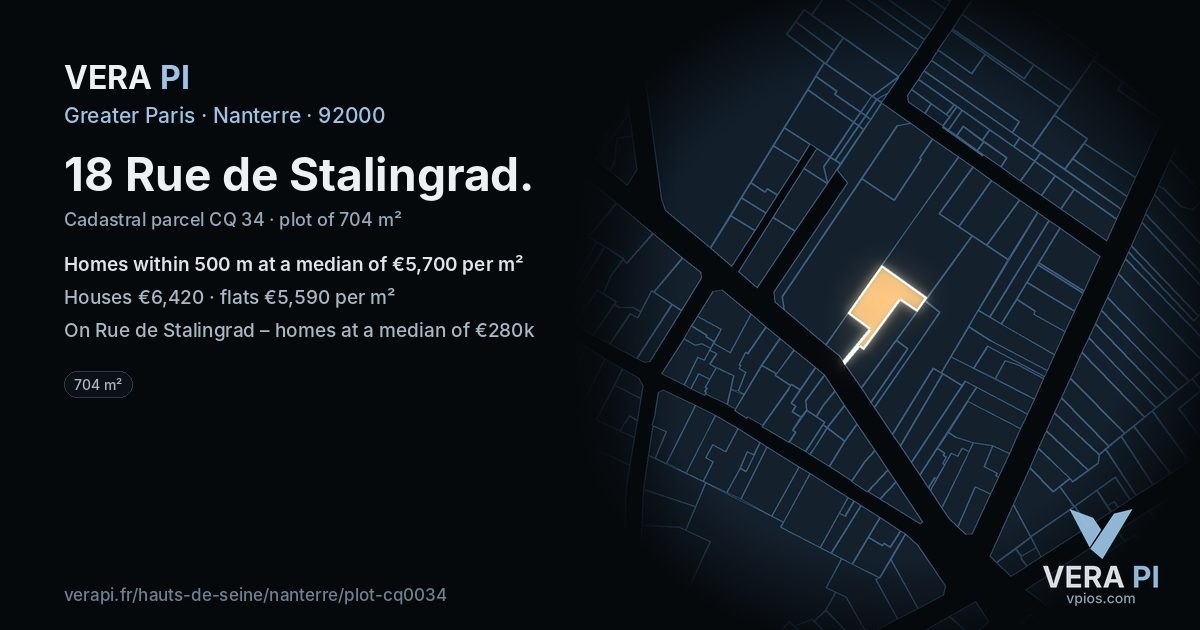 18 Rue de Stalingrad, Nanterre at night – the plot lit, the parcels around coloured by the prices near them