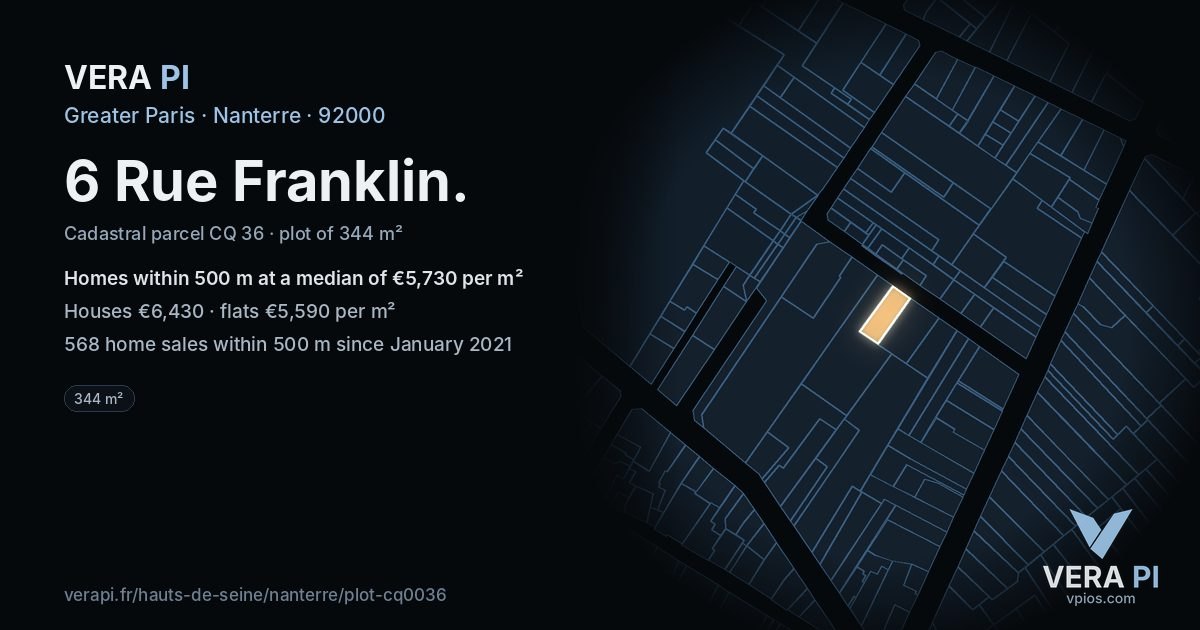 6 Rue Franklin, Nanterre at night – the plot lit, the parcels around coloured by the prices near them