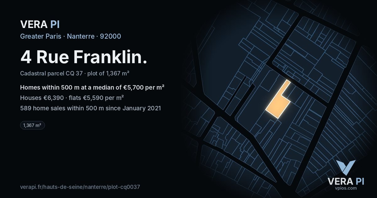 4 Rue Franklin, Nanterre at night – the plot lit, the parcels around coloured by the prices near them