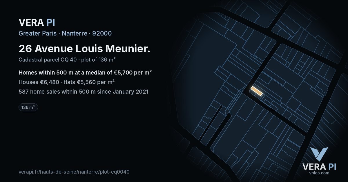 26 Avenue Louis Meunier, Nanterre at night – the plot lit, the parcels around coloured by the prices near them
