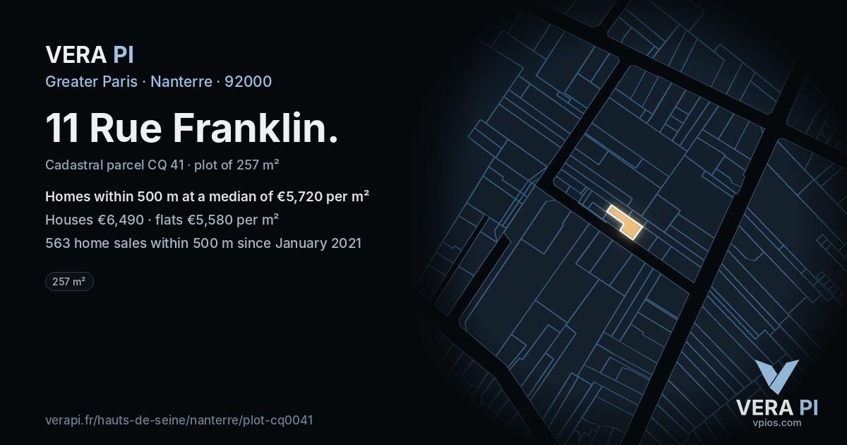 11 Rue Franklin, Nanterre at night – the plot lit, the parcels around coloured by the prices near them
