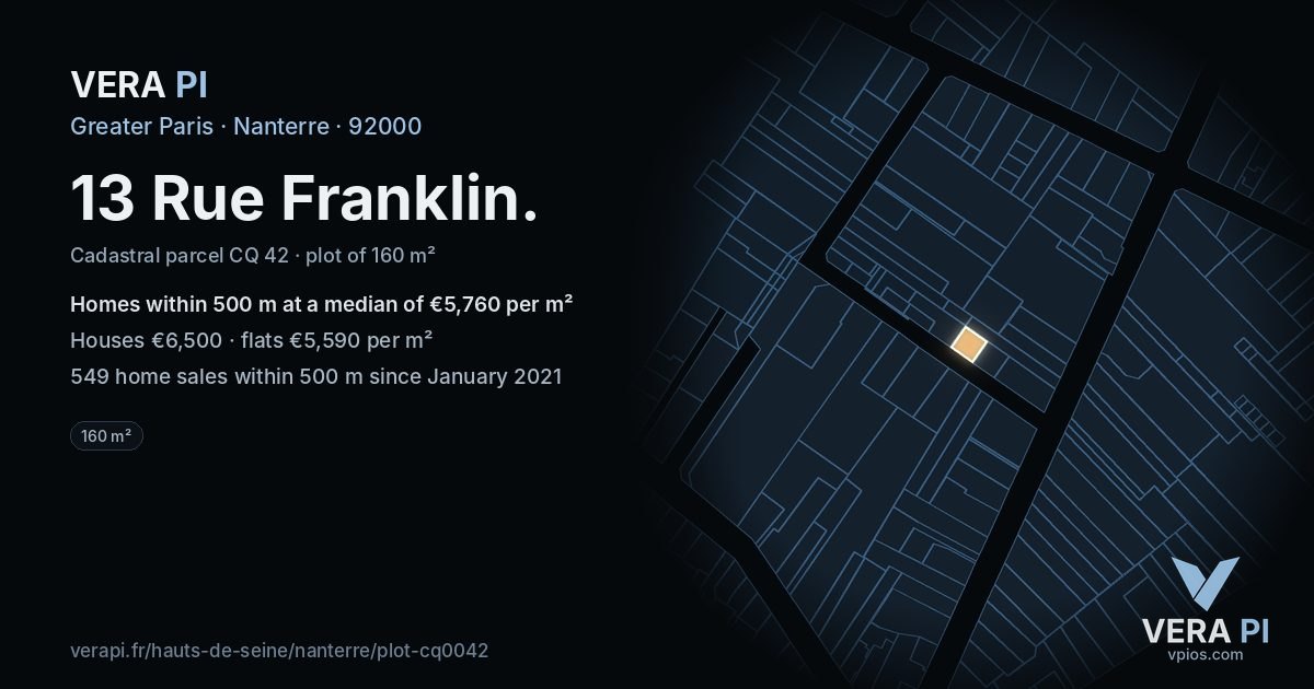 13 Rue Franklin, Nanterre at night – the plot lit, the parcels around coloured by the prices near them