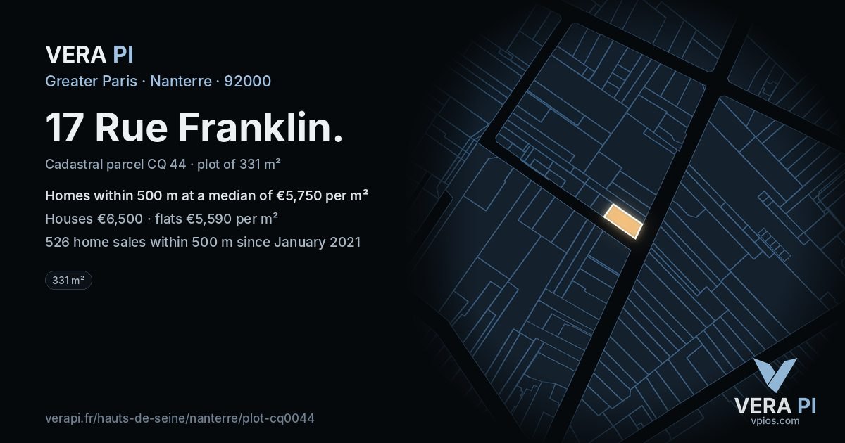 17 Rue Franklin, Nanterre at night – the plot lit, the parcels around coloured by the prices near them