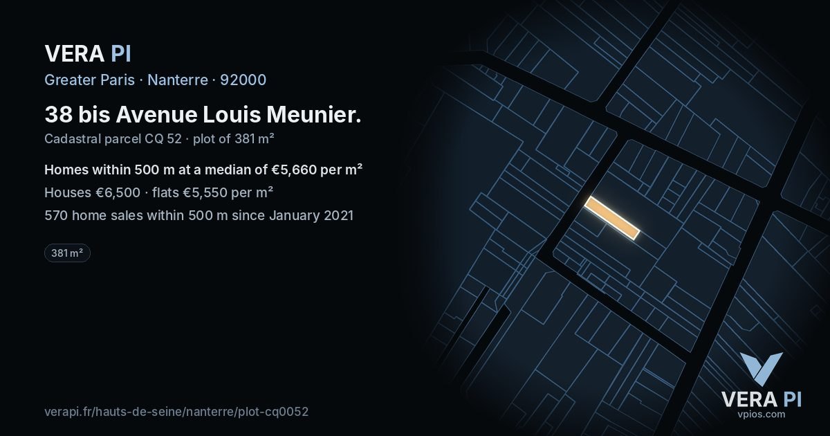 38 bis Avenue Louis Meunier, Nanterre at night – the plot lit, the parcels around coloured by the prices near them