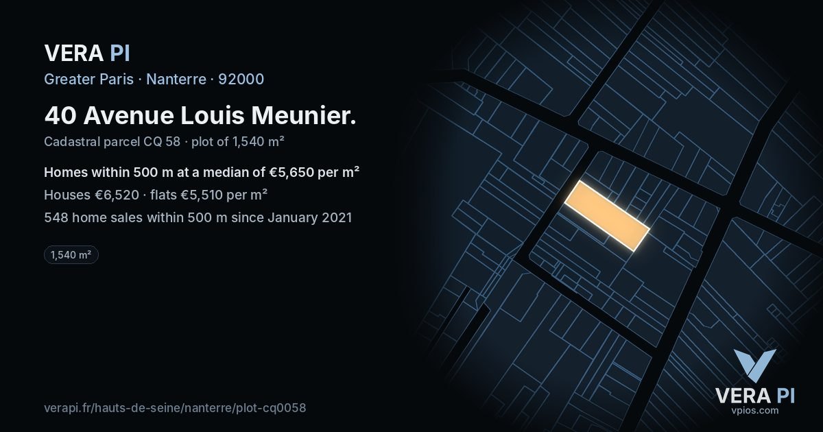 40 Avenue Louis Meunier, Nanterre at night – the plot lit, the parcels around coloured by the prices near them