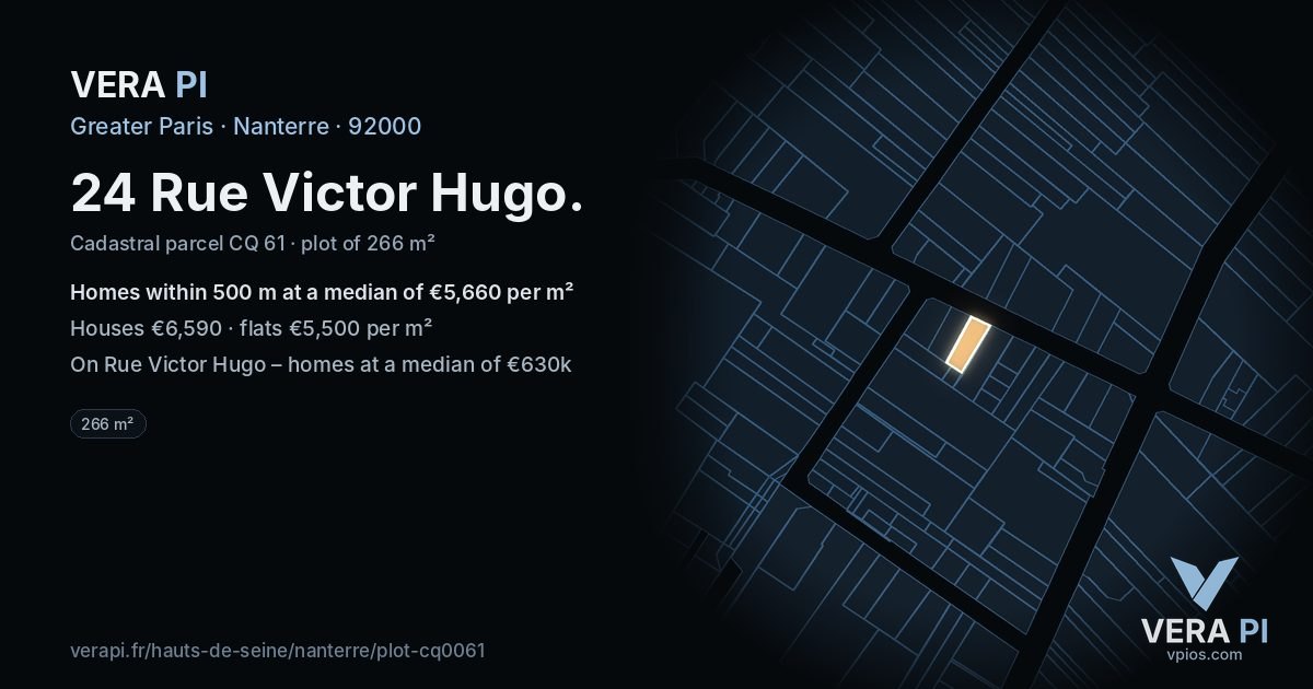 24 Rue Victor Hugo, Nanterre at night – the plot lit, the parcels around coloured by the prices near them