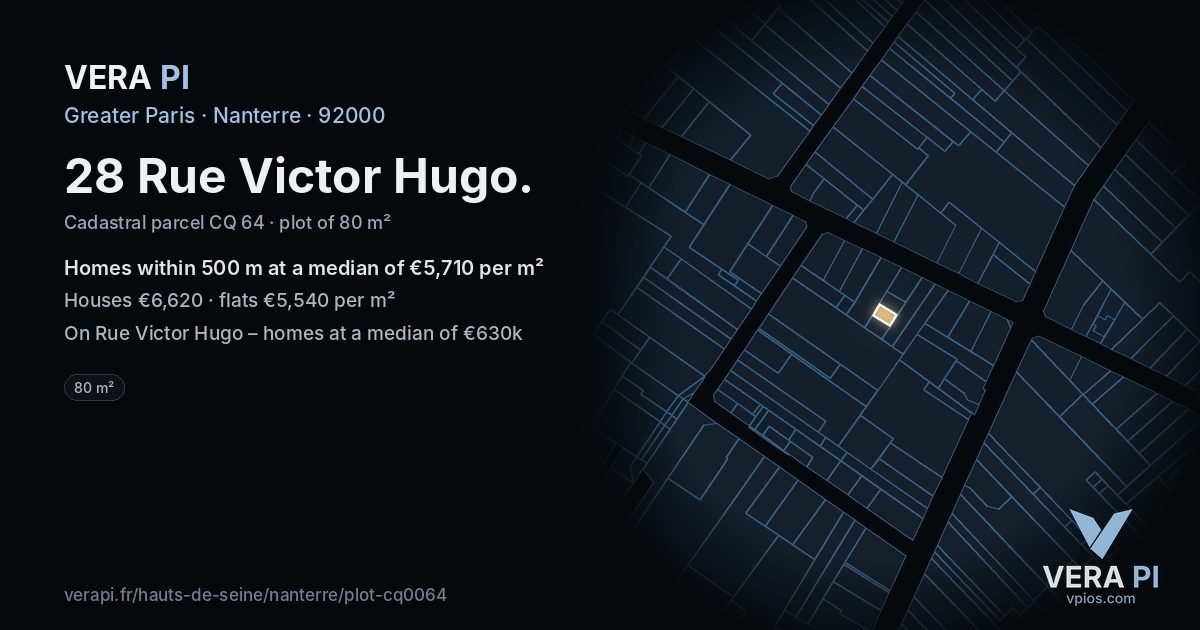 28 Rue Victor Hugo, Nanterre at night – the plot lit, the parcels around coloured by the prices near them