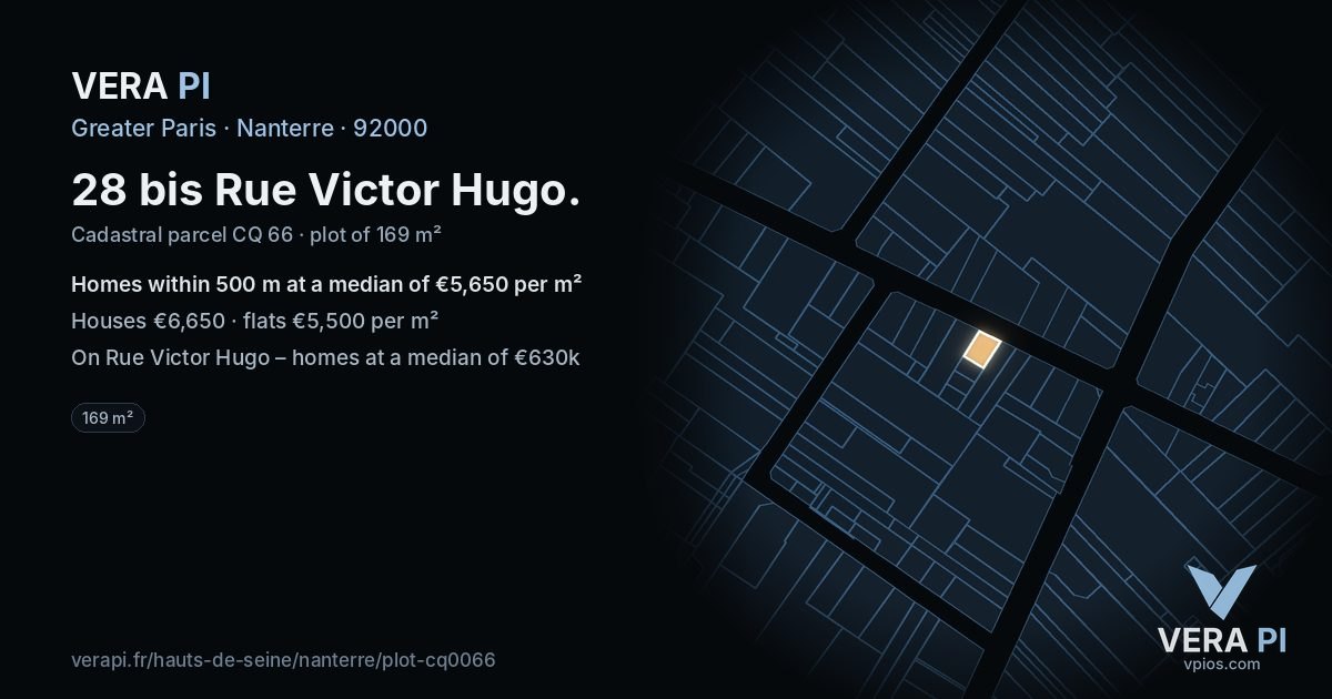 28 bis Rue Victor Hugo, Nanterre at night – the plot lit, the parcels around coloured by the prices near them