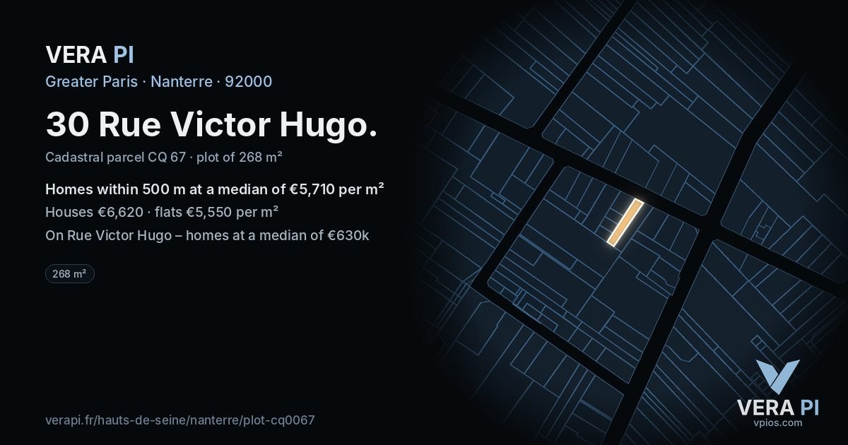 30 Rue Victor Hugo, Nanterre at night – the plot lit, the parcels around coloured by the prices near them