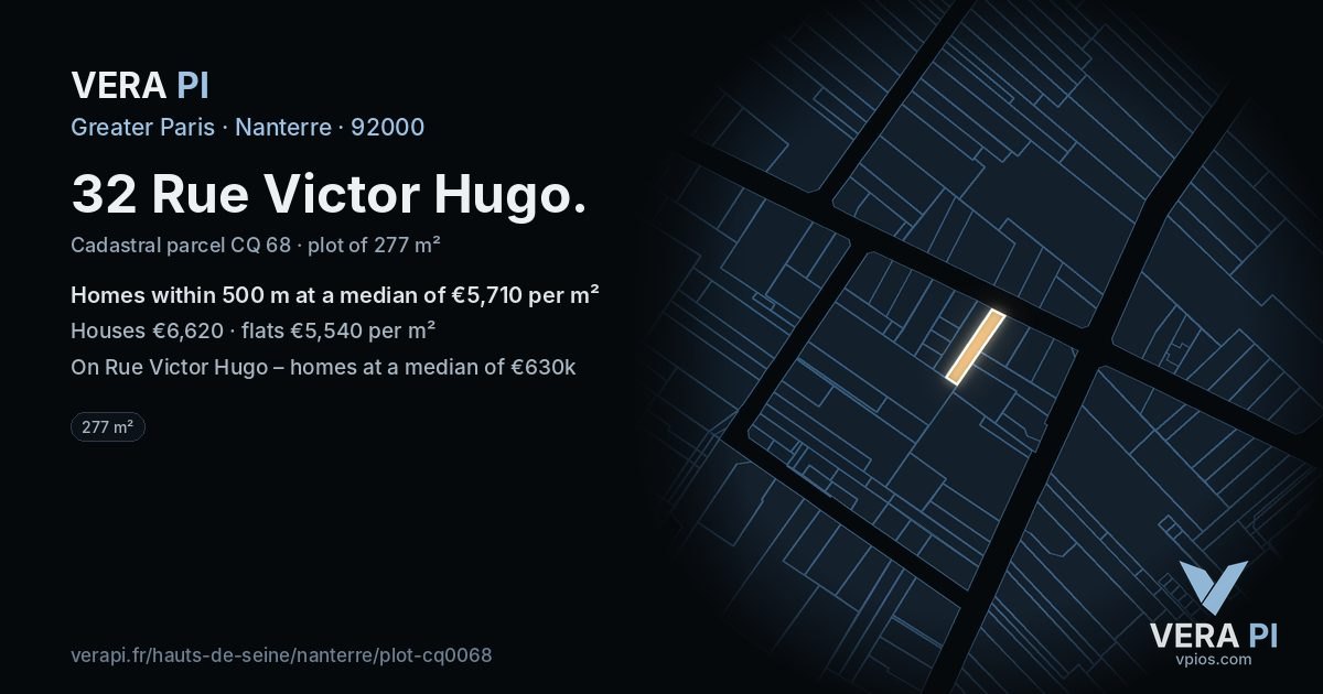 32 Rue Victor Hugo, Nanterre at night – the plot lit, the parcels around coloured by the prices near them