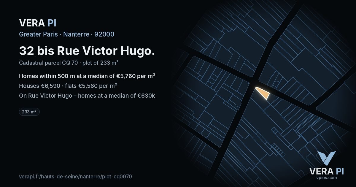 32 bis Rue Victor Hugo, Nanterre at night – the plot lit, the parcels around coloured by the prices near them